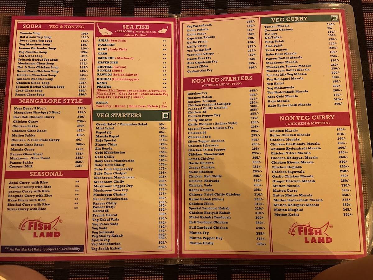 Poojari's Fish Land menu