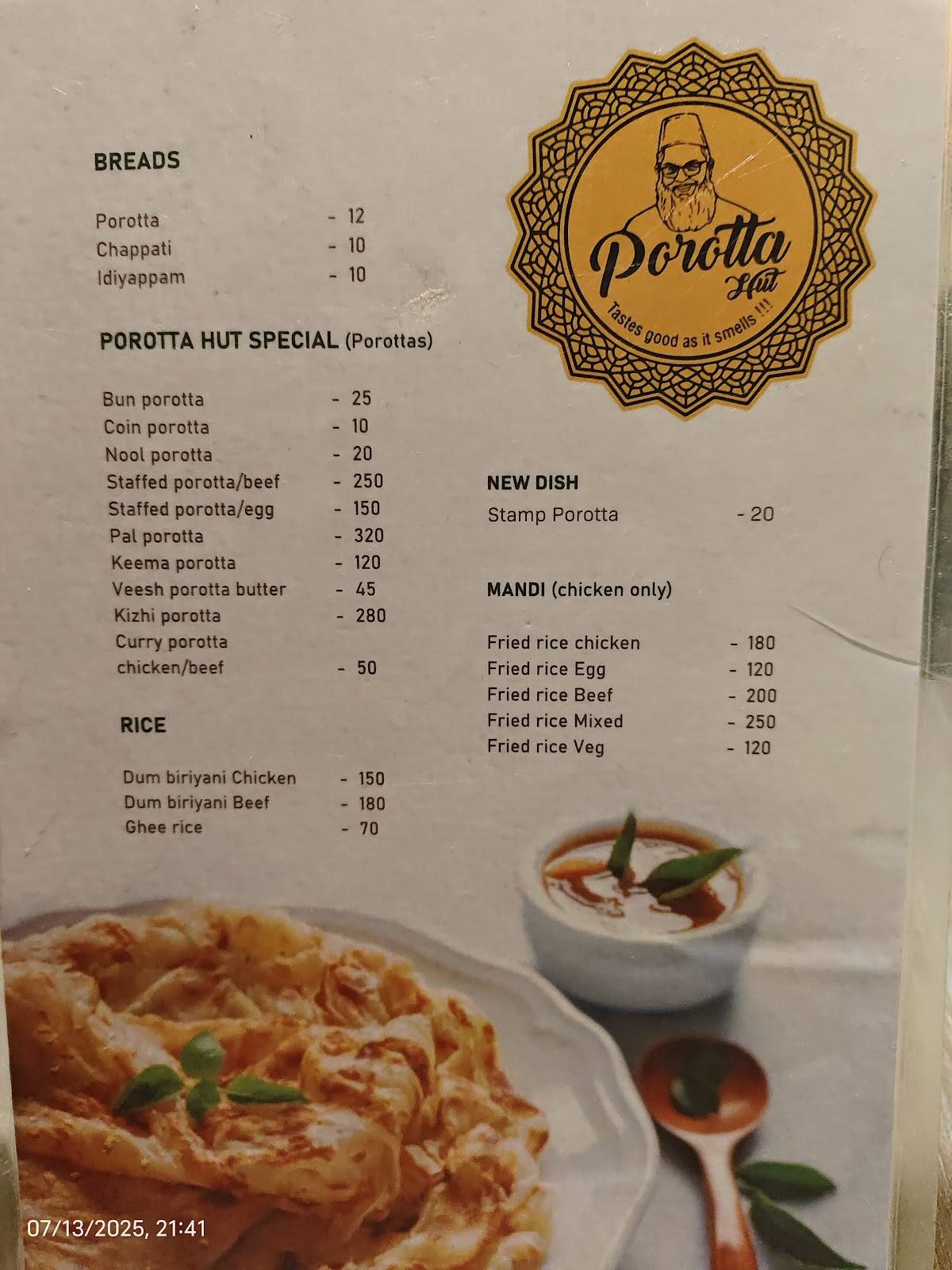 Porotta Hut menu