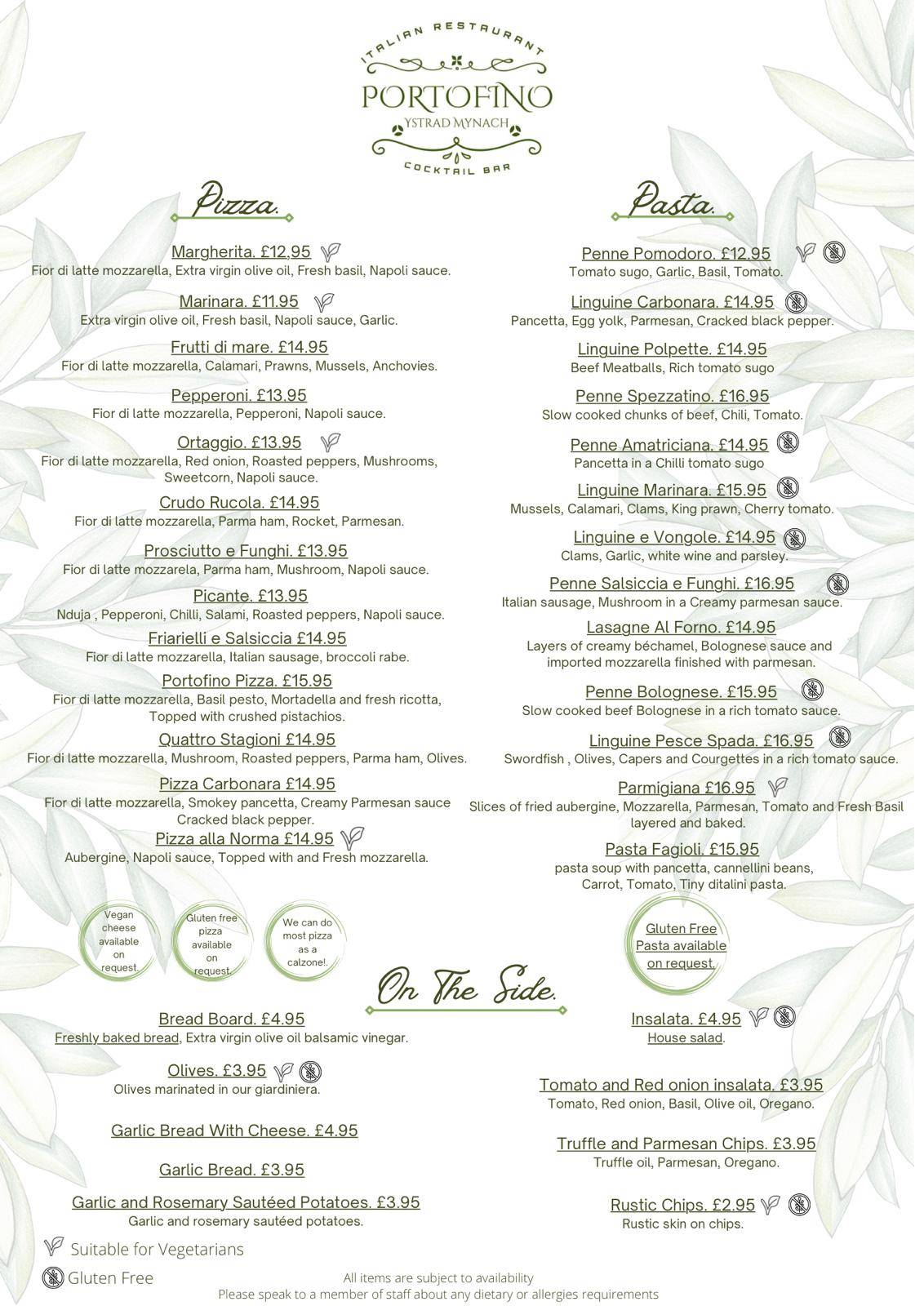 Menu at Portofino Ystrad Mynach restaurant, Hengoed