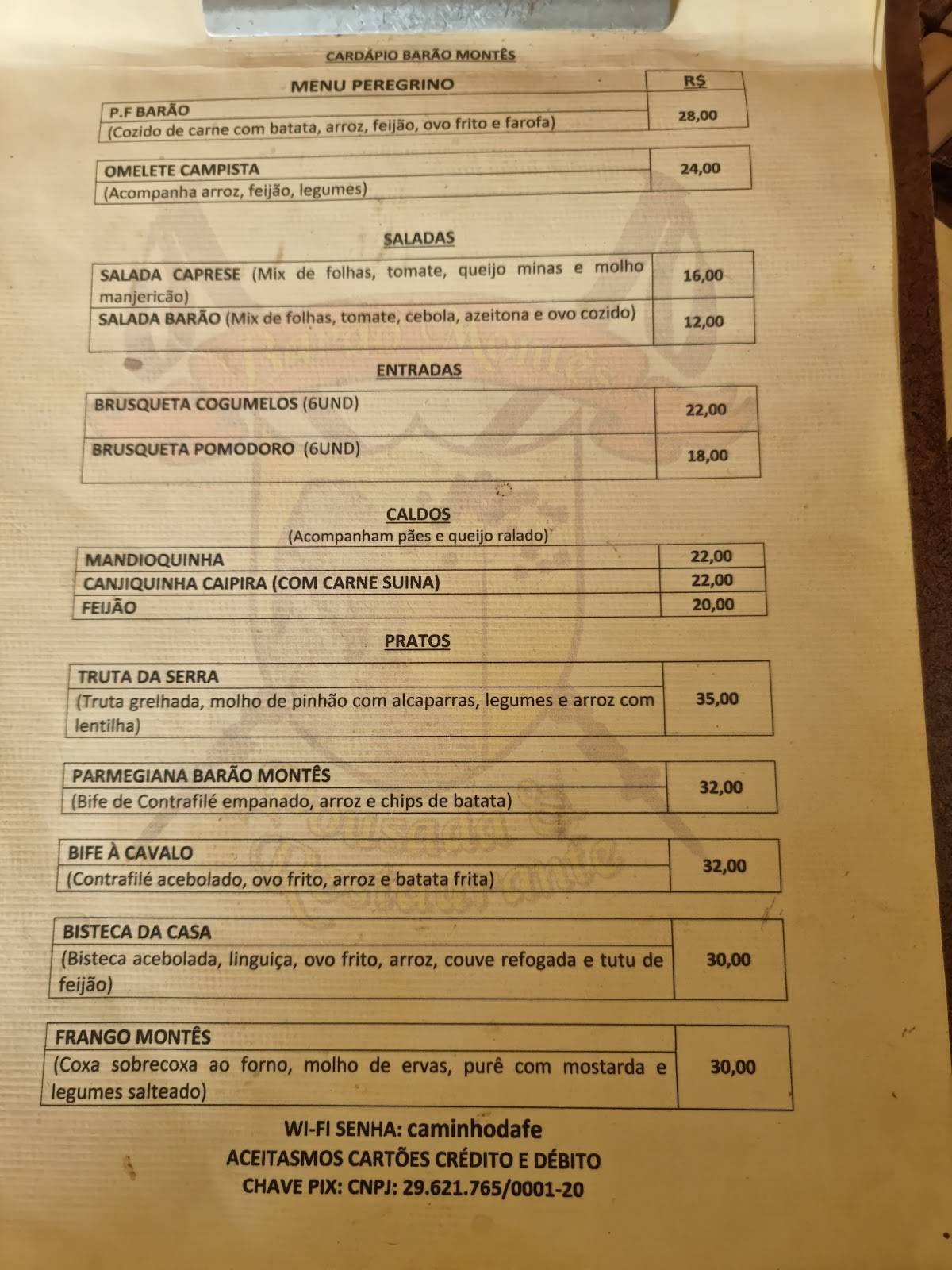 Pousada e Restaurante Montês cardápio