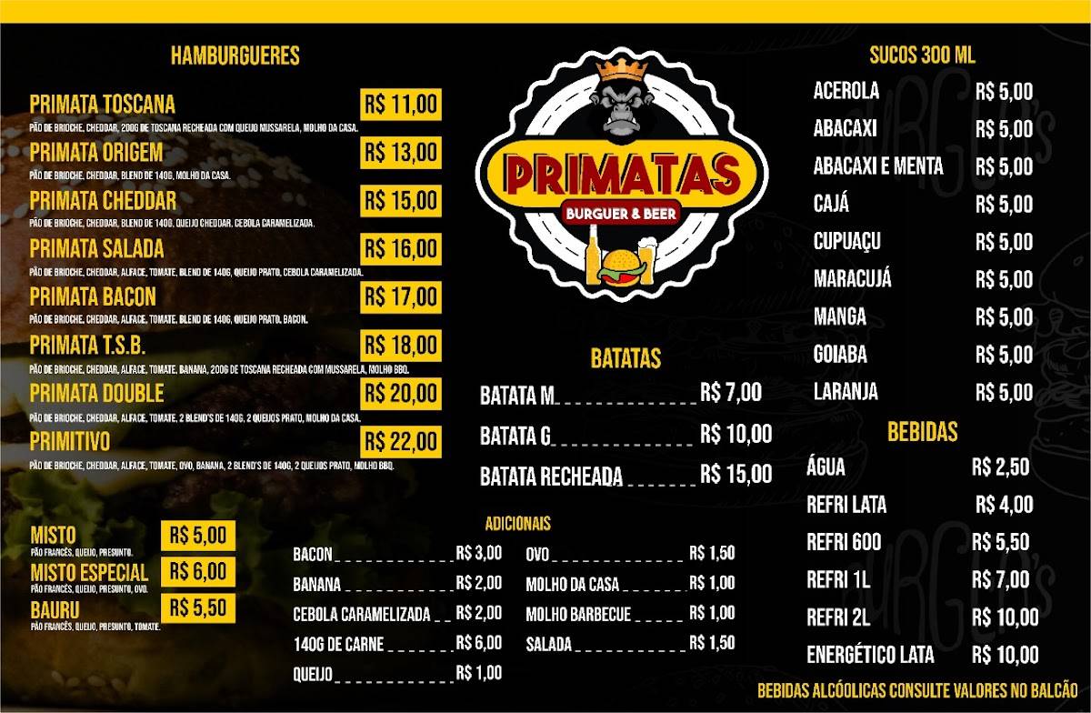 Primatas Burguer e Beer cardápio