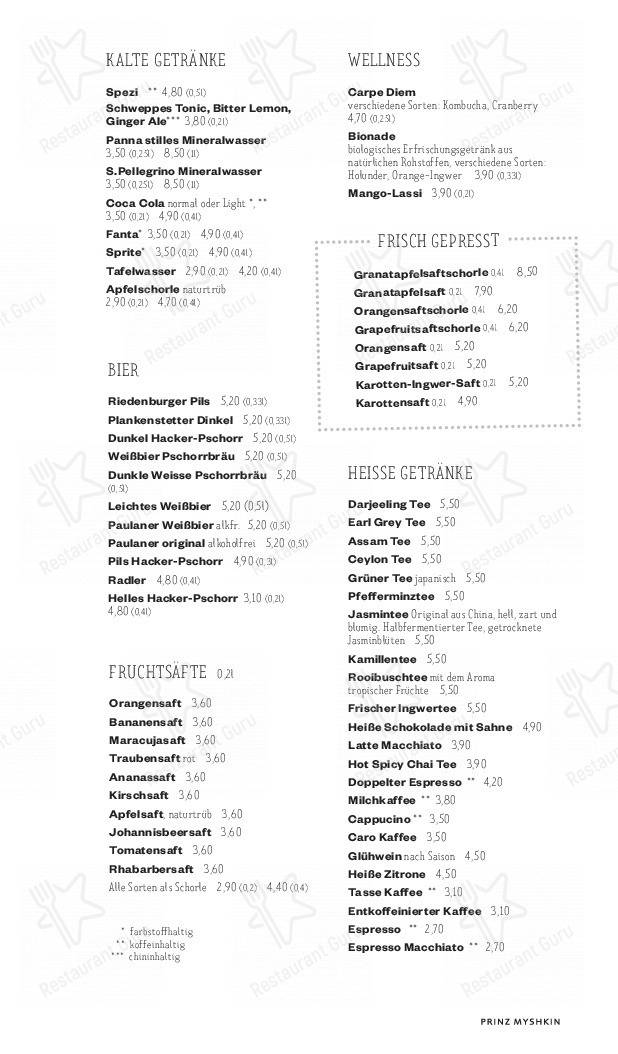 Menu pour Prinz Myshkin restaurant