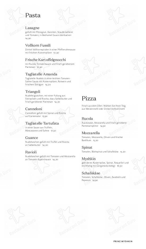 Menu pour Prinz Myshkin restaurant