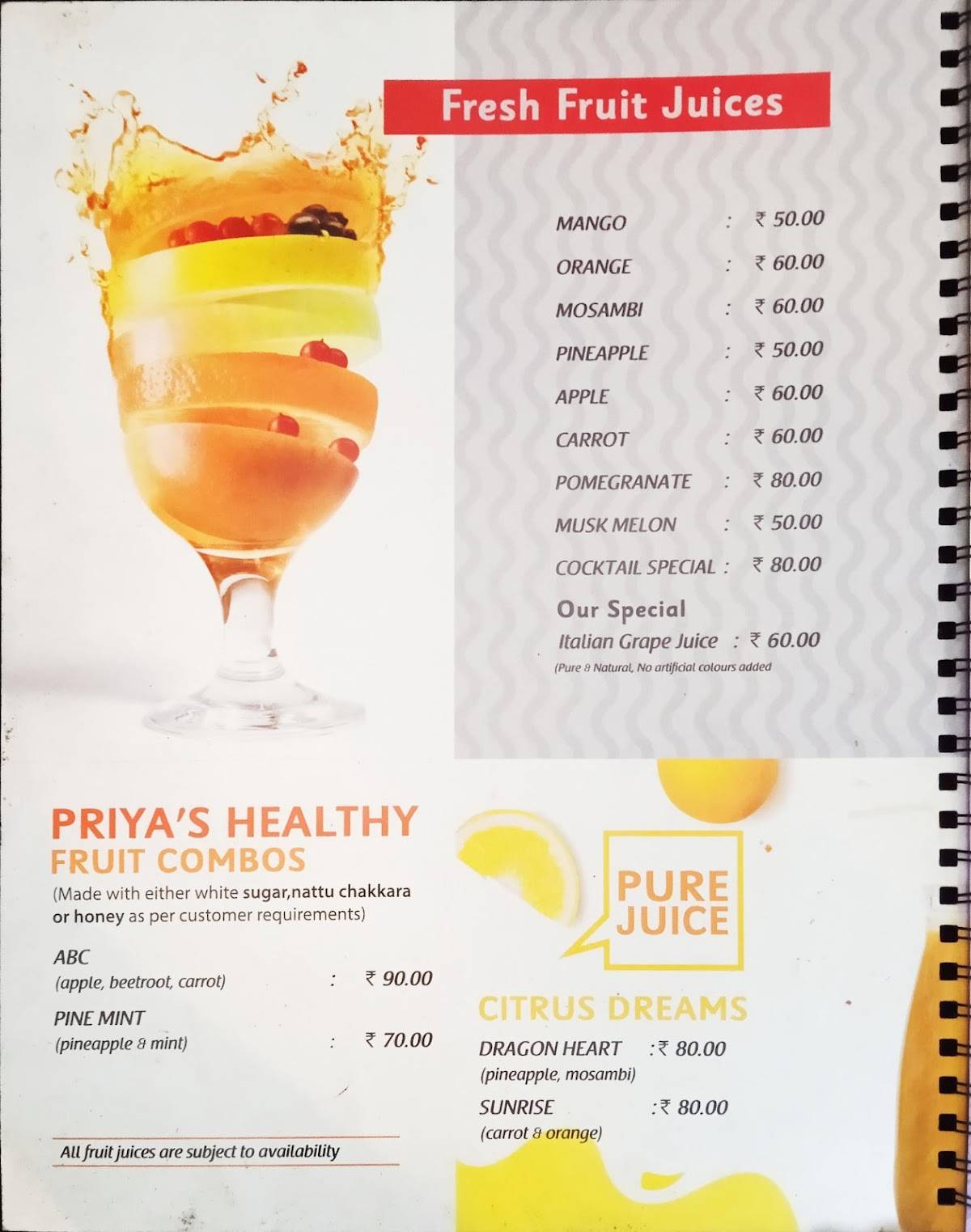 Priya Juice And Cakes menu