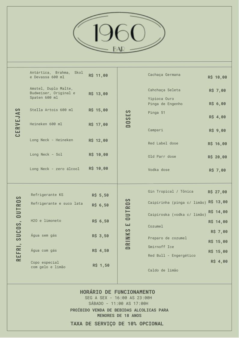 1960 Bar cardápio