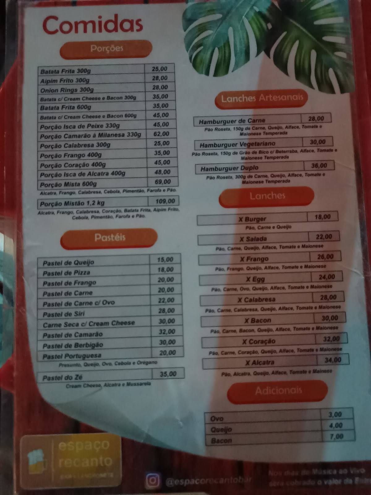 Espaço Recanto cardápio