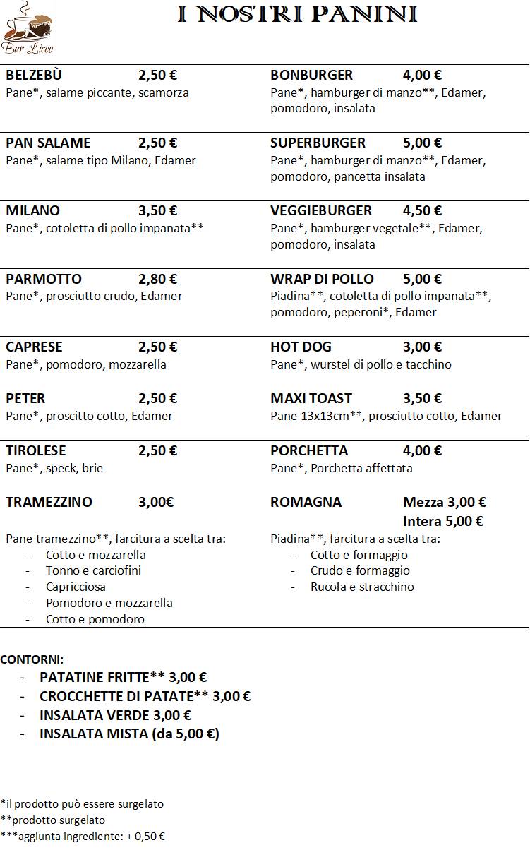 Menu di Caffetteria Bar Liceo 
