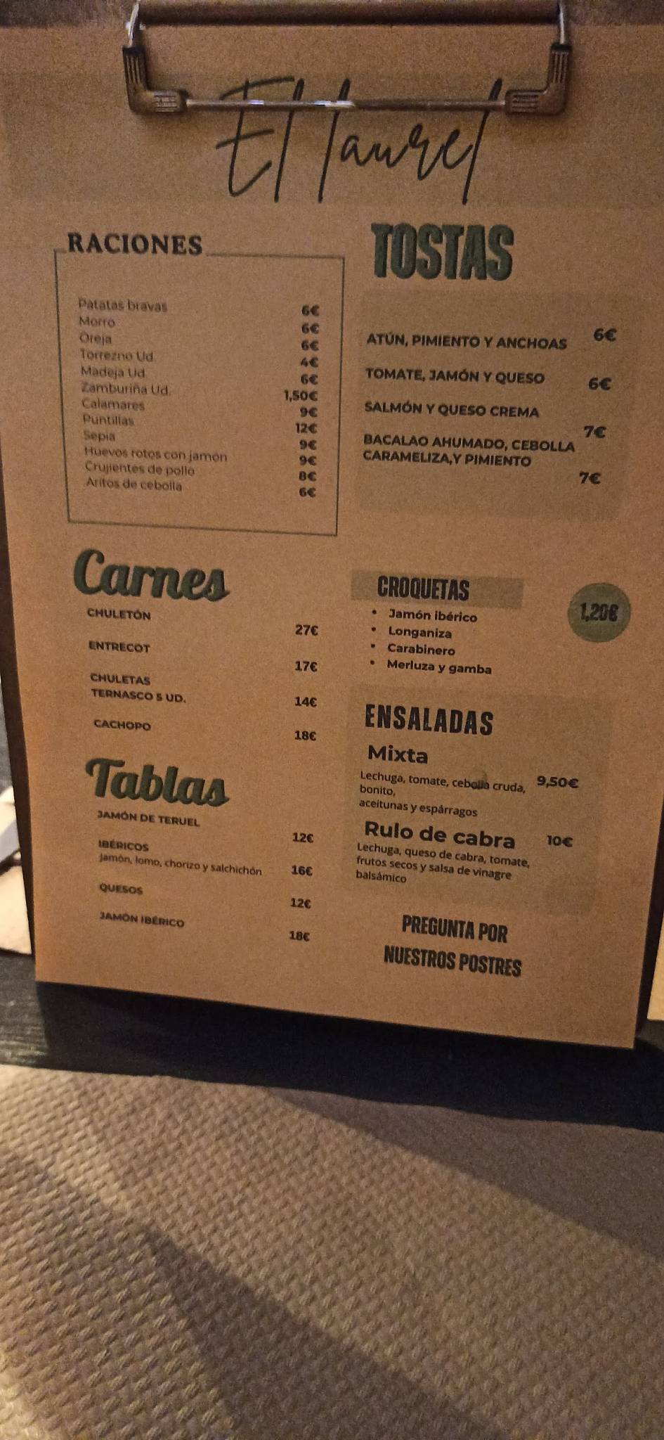 Menu at El Laurel pub & bar, Alhama de Aragón