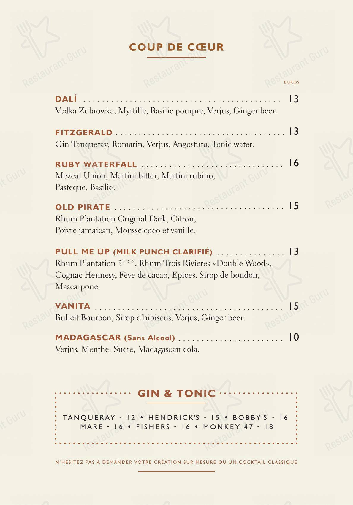 Menu pour Fitzgerald - Bar menu