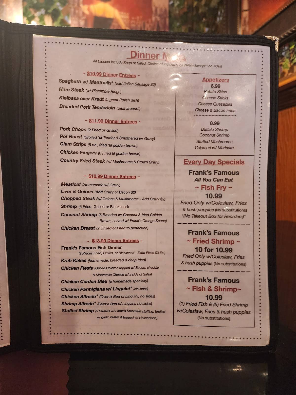 Menu at Frank's Restaurant, Hudson, U.S. Hwy 19