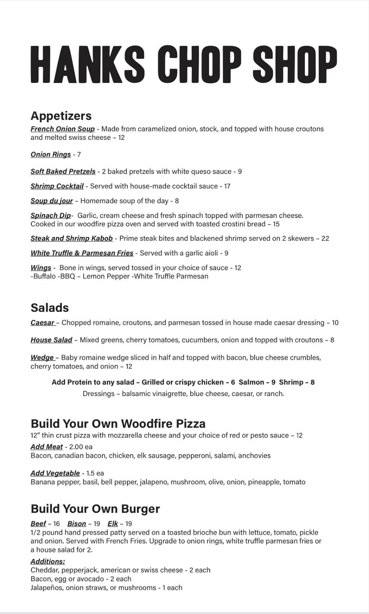 Menu at Hanks Chop Shop pub & bar, West Yellowstone
