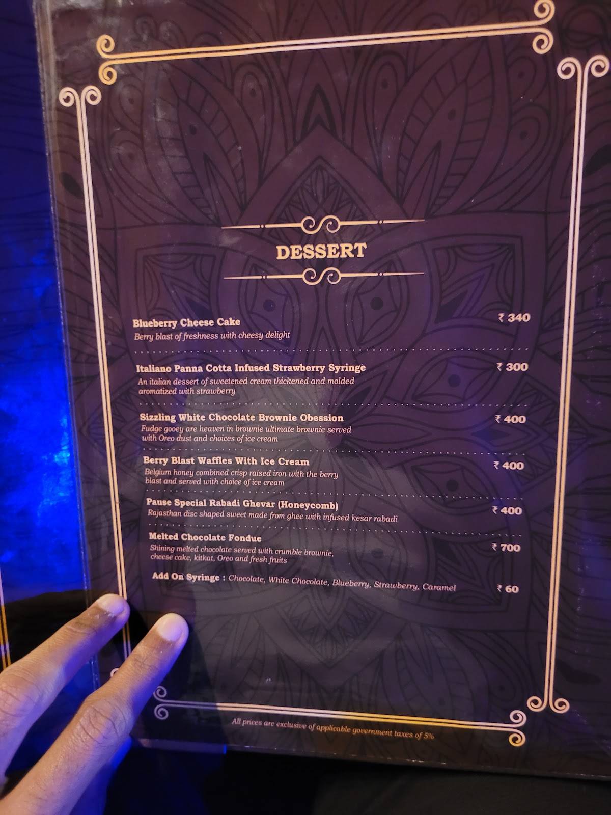 Pause Bar and Kitchen menu