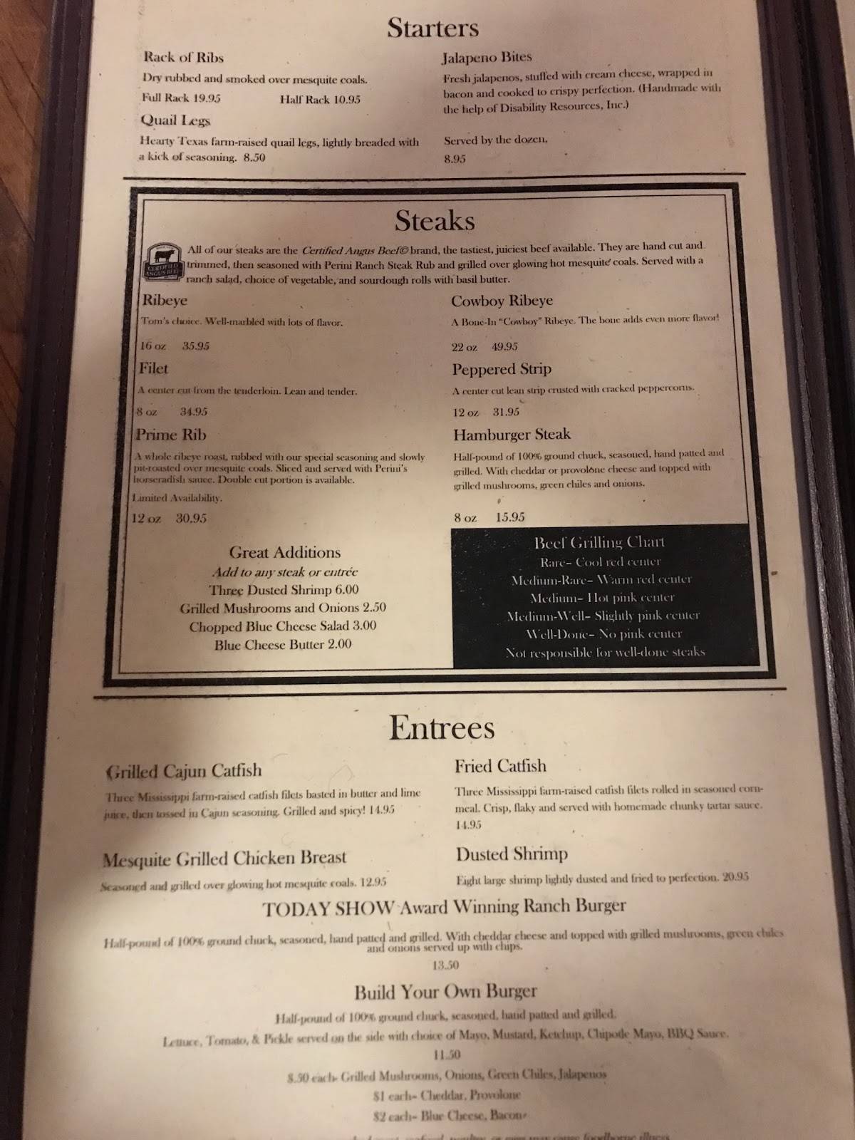 Menu at Perini Ranch Steakhouse, Buffalo Gap