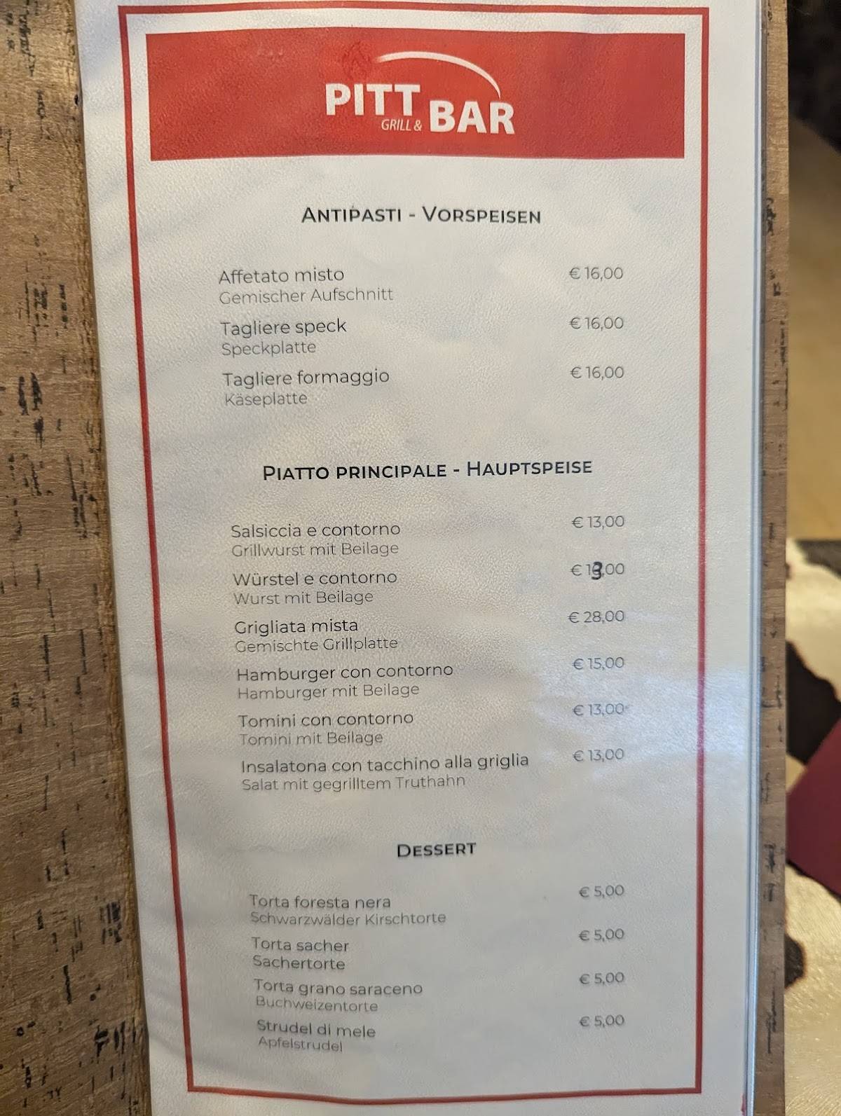 Menu di Pitt Bar 