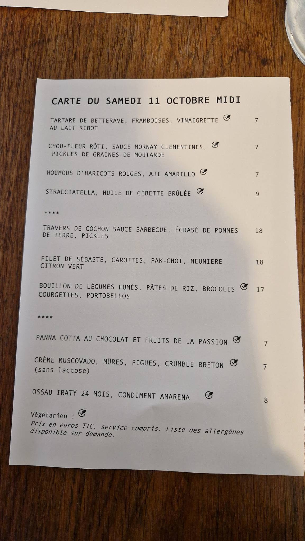 Menu de Poinçon Paris