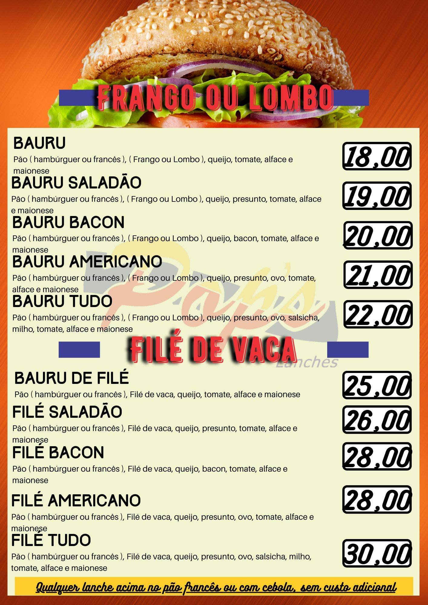 Pop's Lanches cardápio