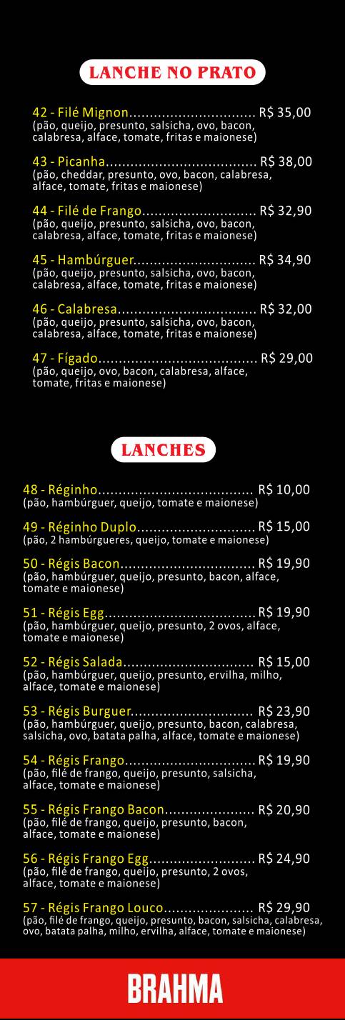 Régis Bar cardápio