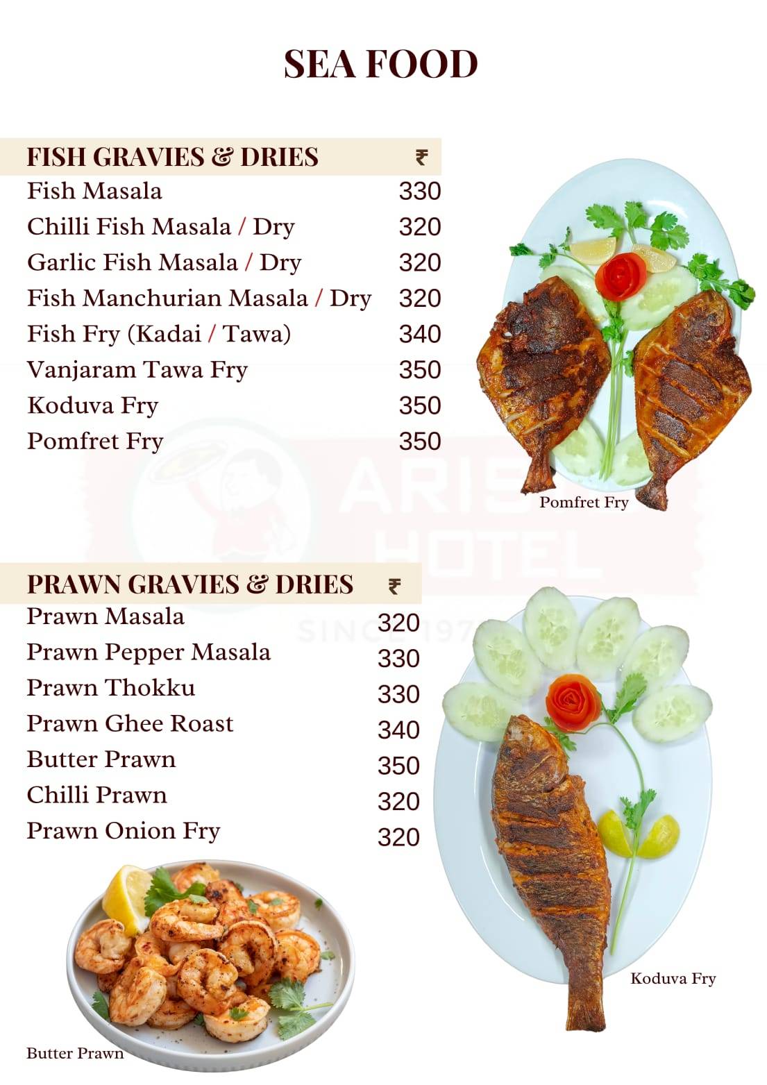 Aristo Hotel menu