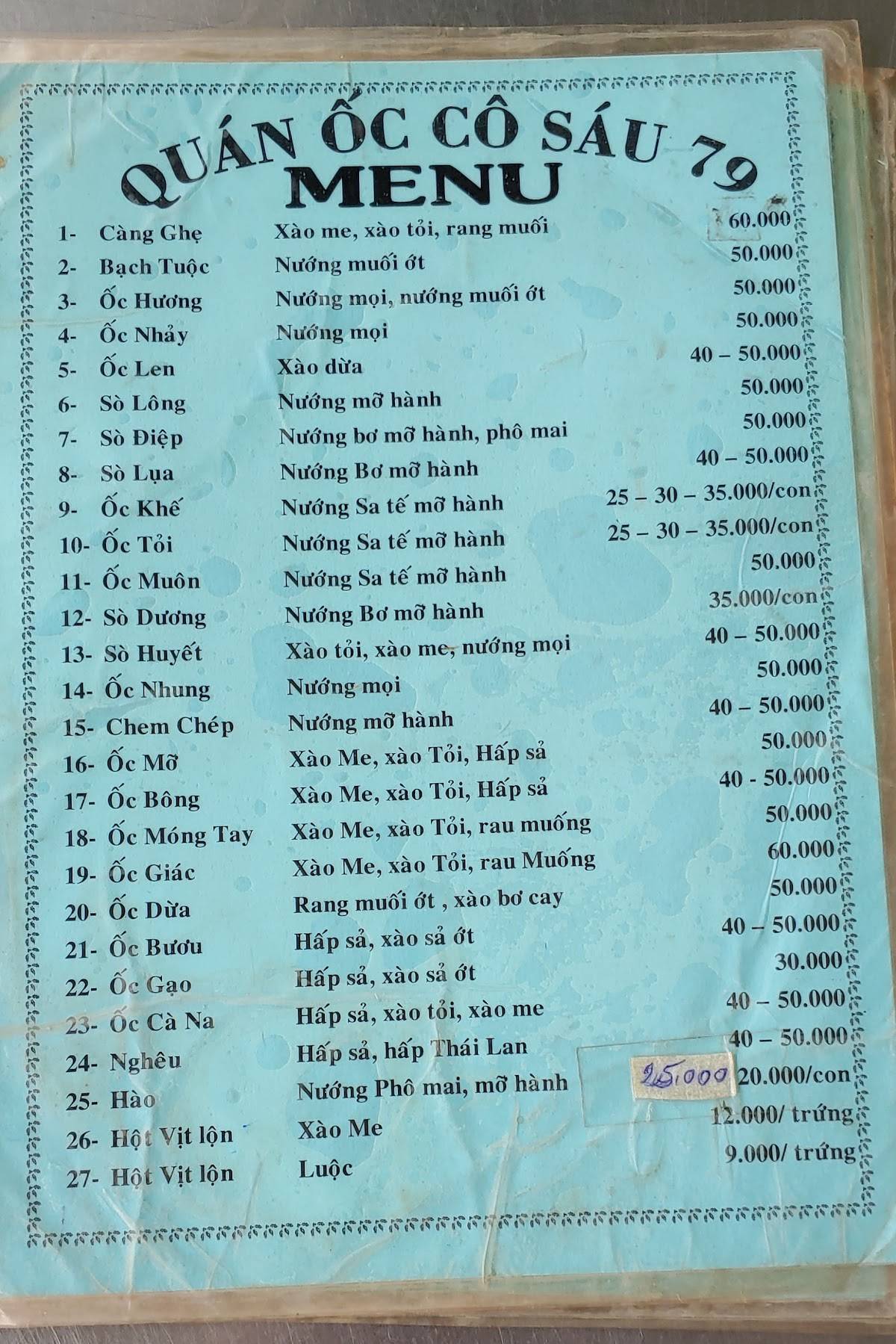Menu at Quán Ốc 79 Cô Sáu restaurant, Ho Chi Minh City, 79 Hồ Bá Kiện