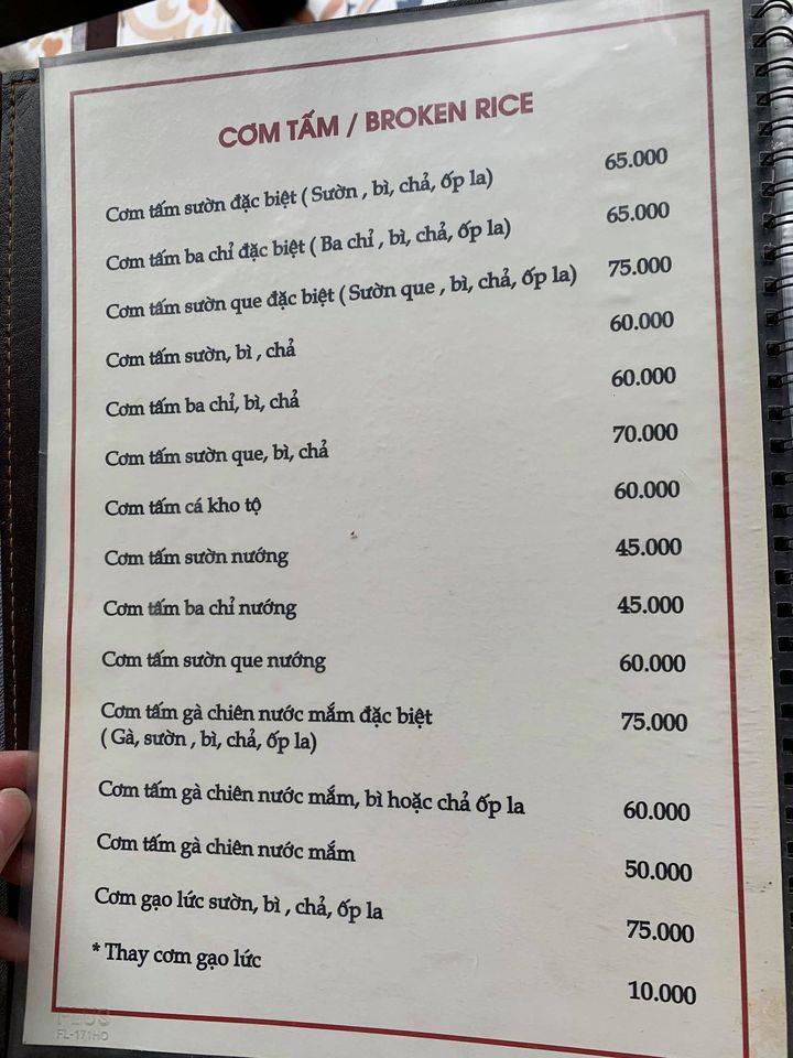 Menu at Quán cơm tấm Sài Gòn restaurant, Hanoi, 5 Ng. Tràng Tiền