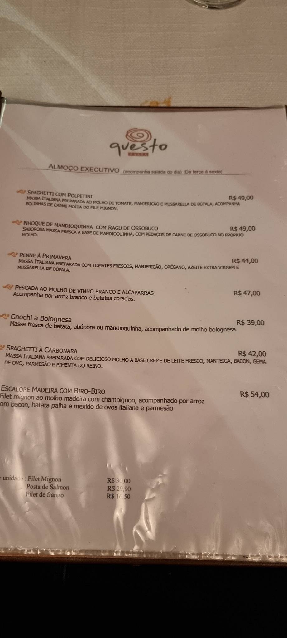 Questo Pasta cardápio