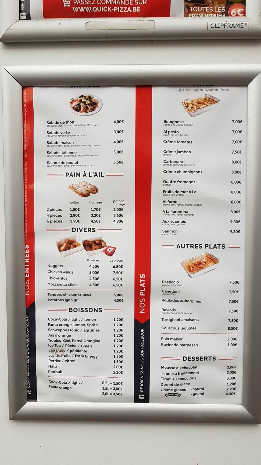 Menu de Quick Pizza Outremeuse