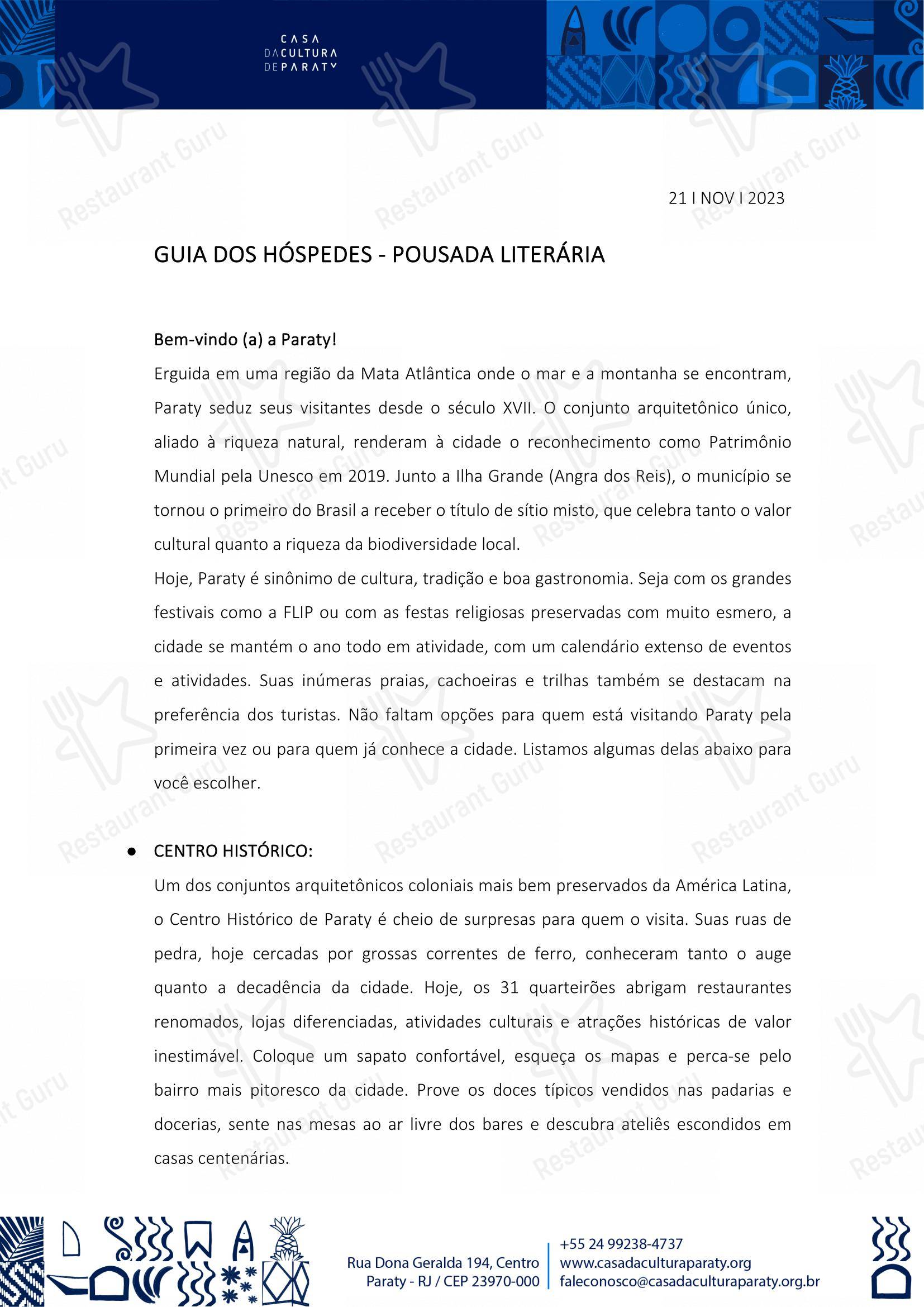 Quintal das Letras em Paraty - 菜单