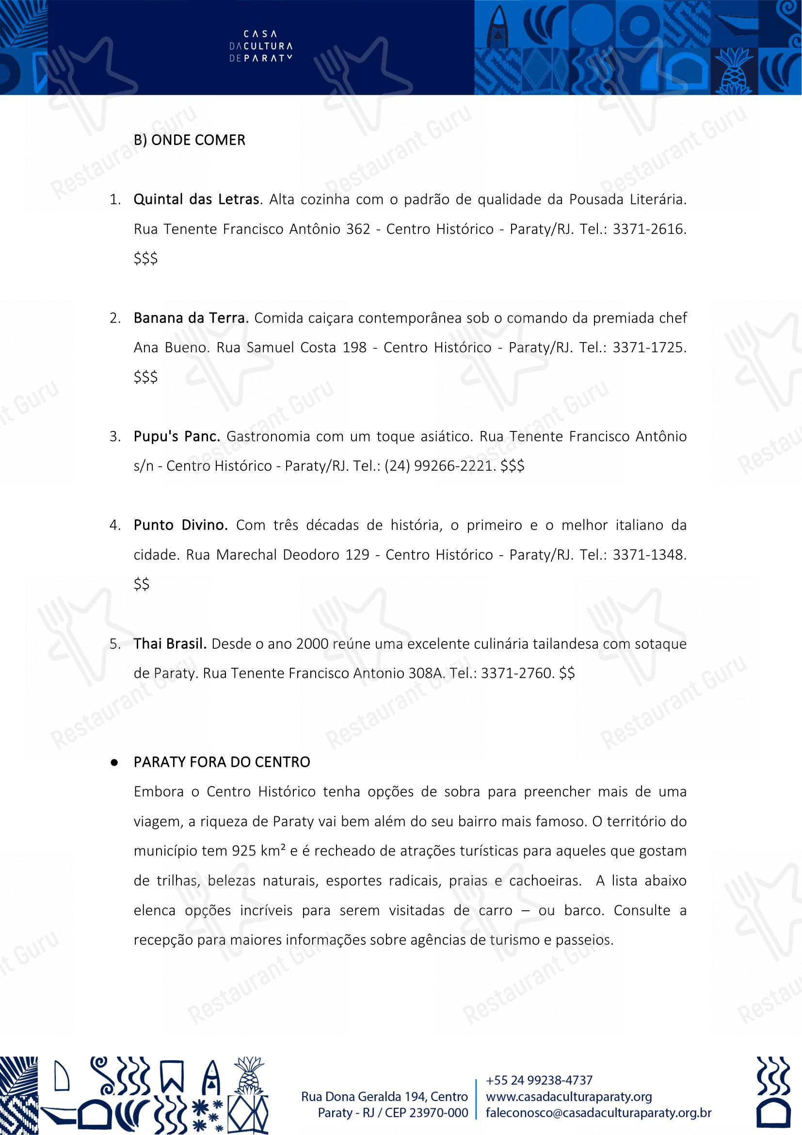 Quintal das Letras em Paraty - 菜单