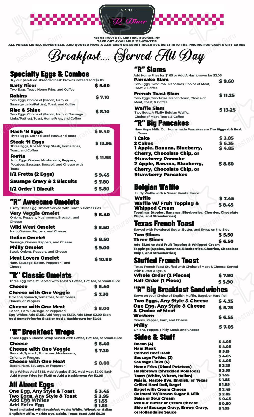 Menut R Menu at R Diner restaurant, Central Square