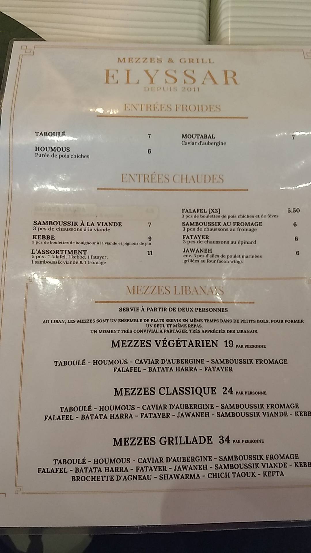 Menu de RESTAURANT LIBANAIS ELYSSAR