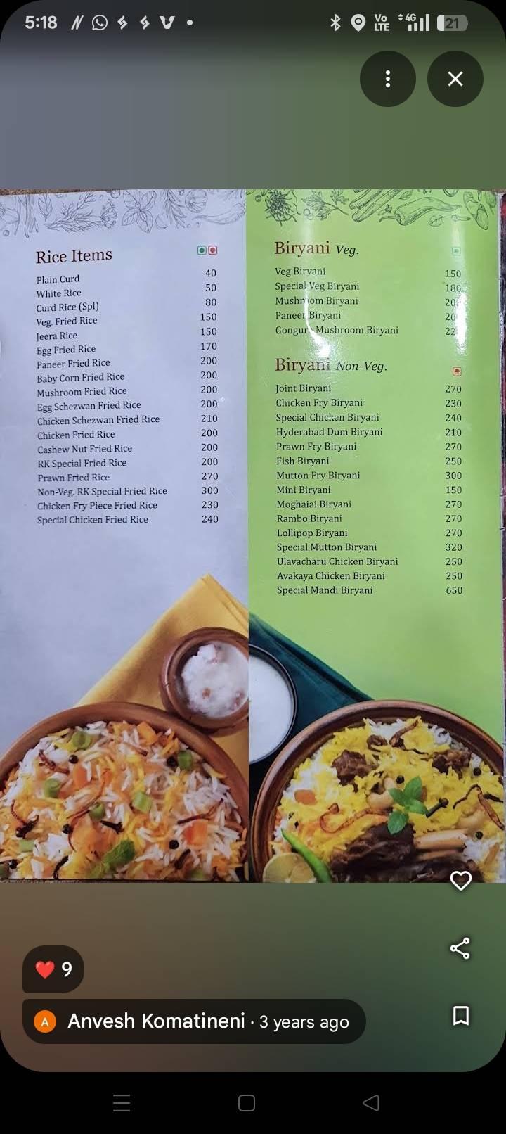 RK GRAND Family Restaurant Podili. menu