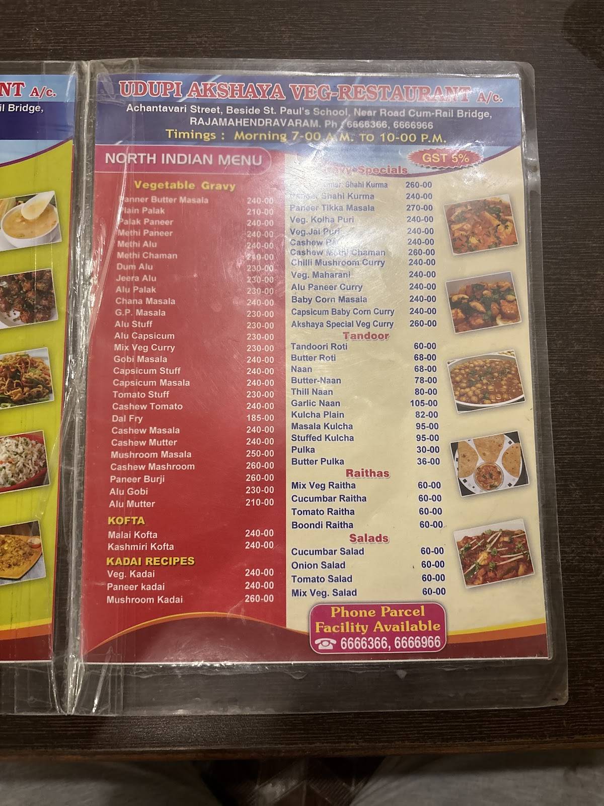 Udupi Akshaya Veg Restaurant menu