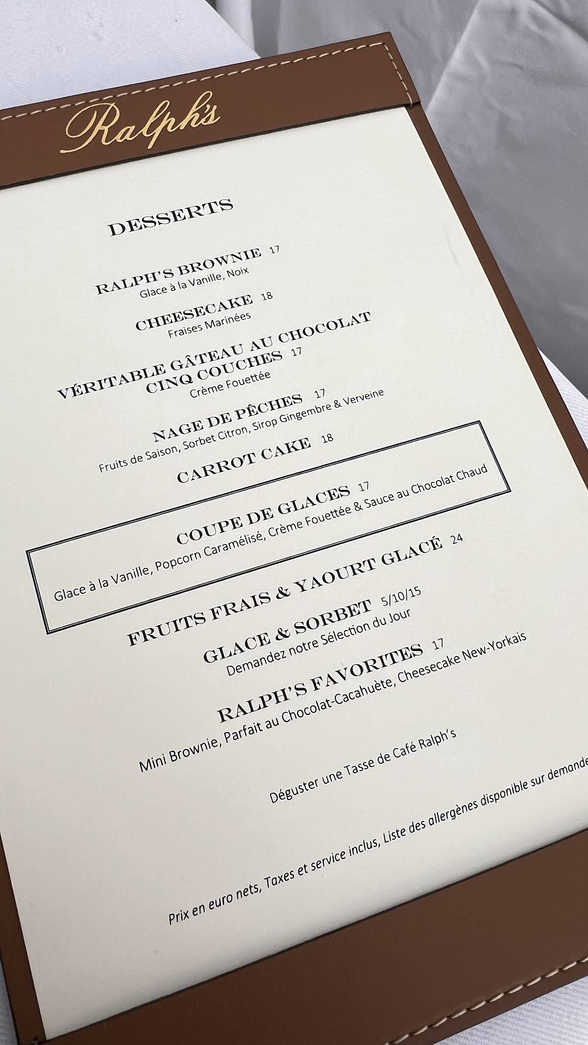 Menu de Ralph's Restaurant