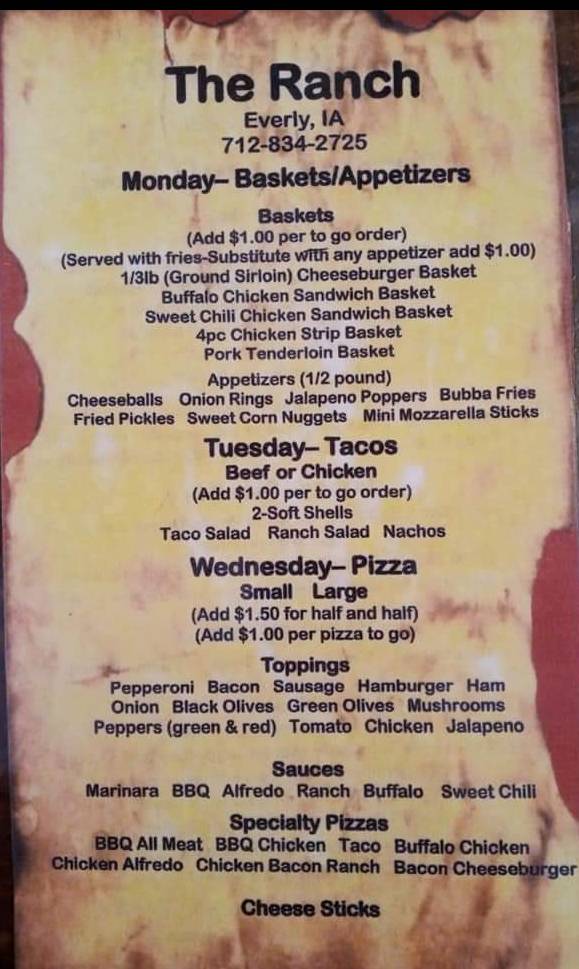 Menu at The Ranch pub & bar, Everly