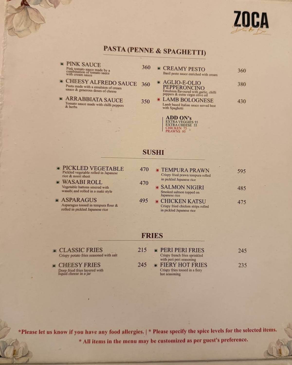 ZOCA Dine & Bar menu