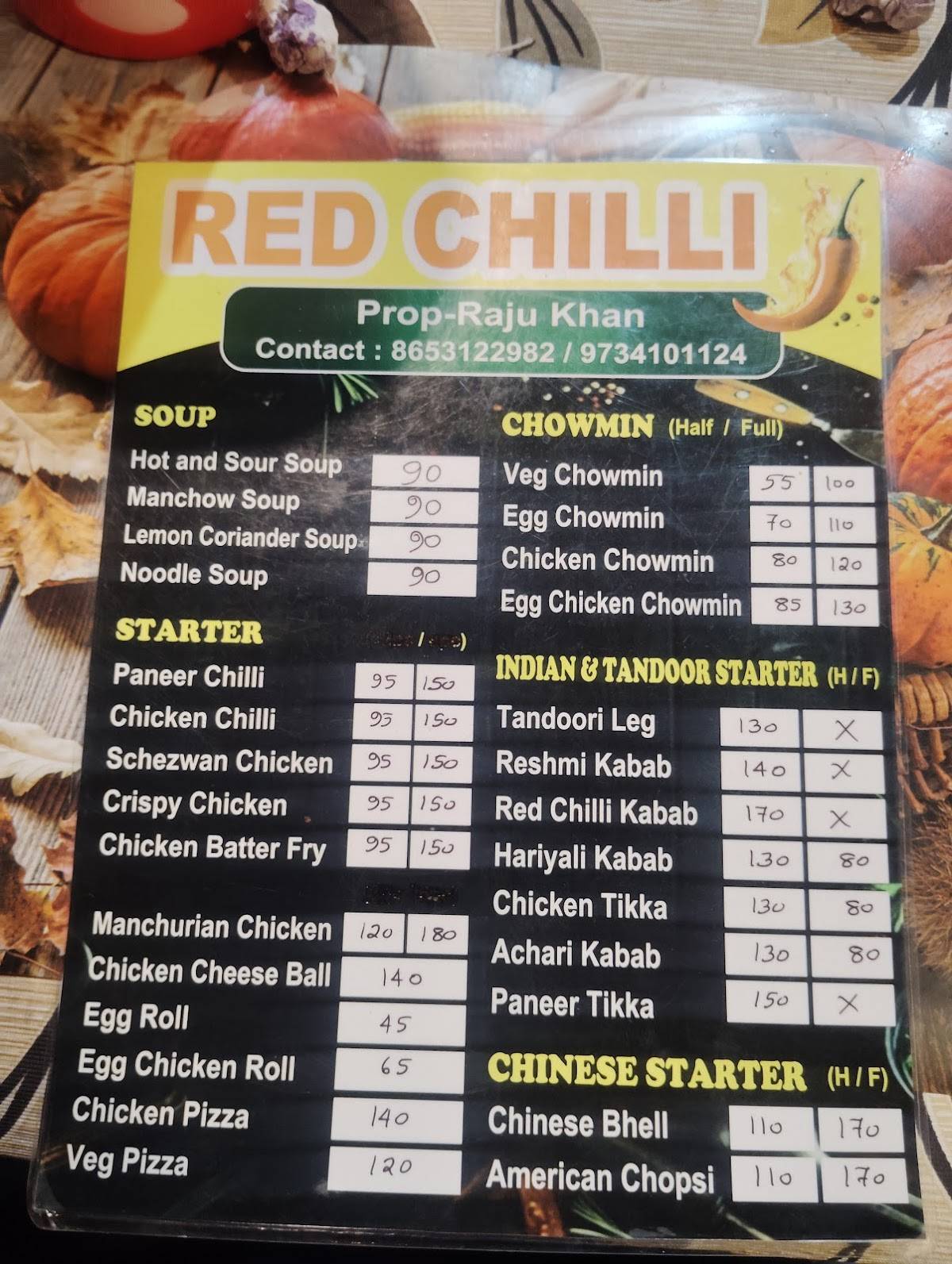 Red Chilli Restaurant menu