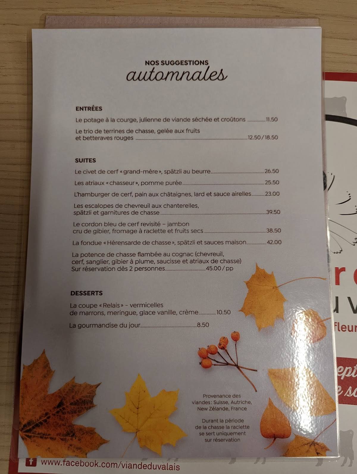 Menu di Relais des Reines 