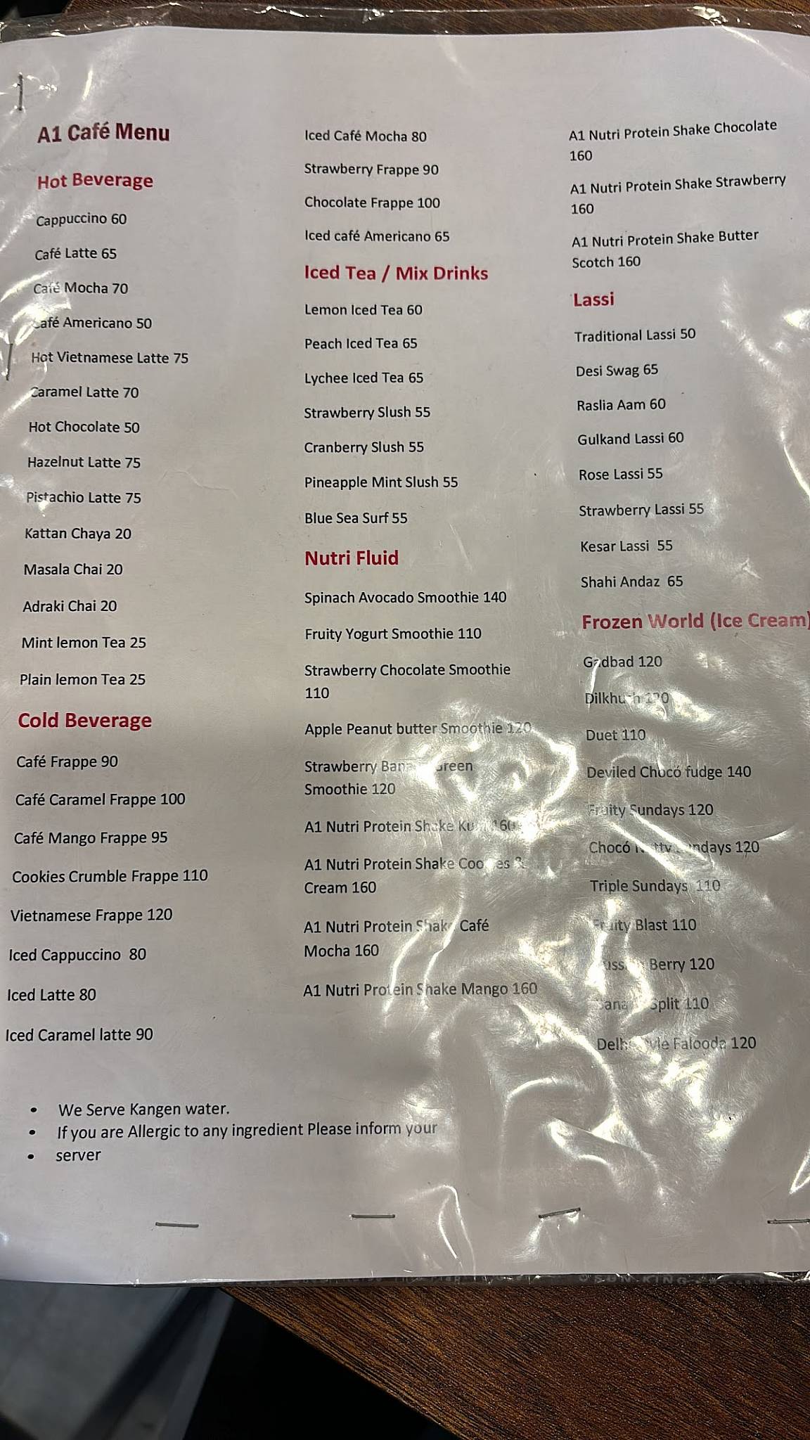A1 Cafe menu