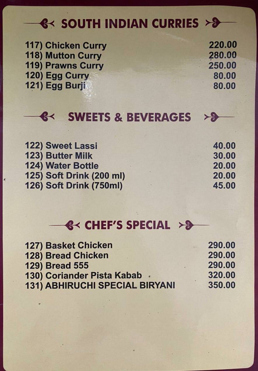 ABHIRUCHI BIRYANI POINT menu