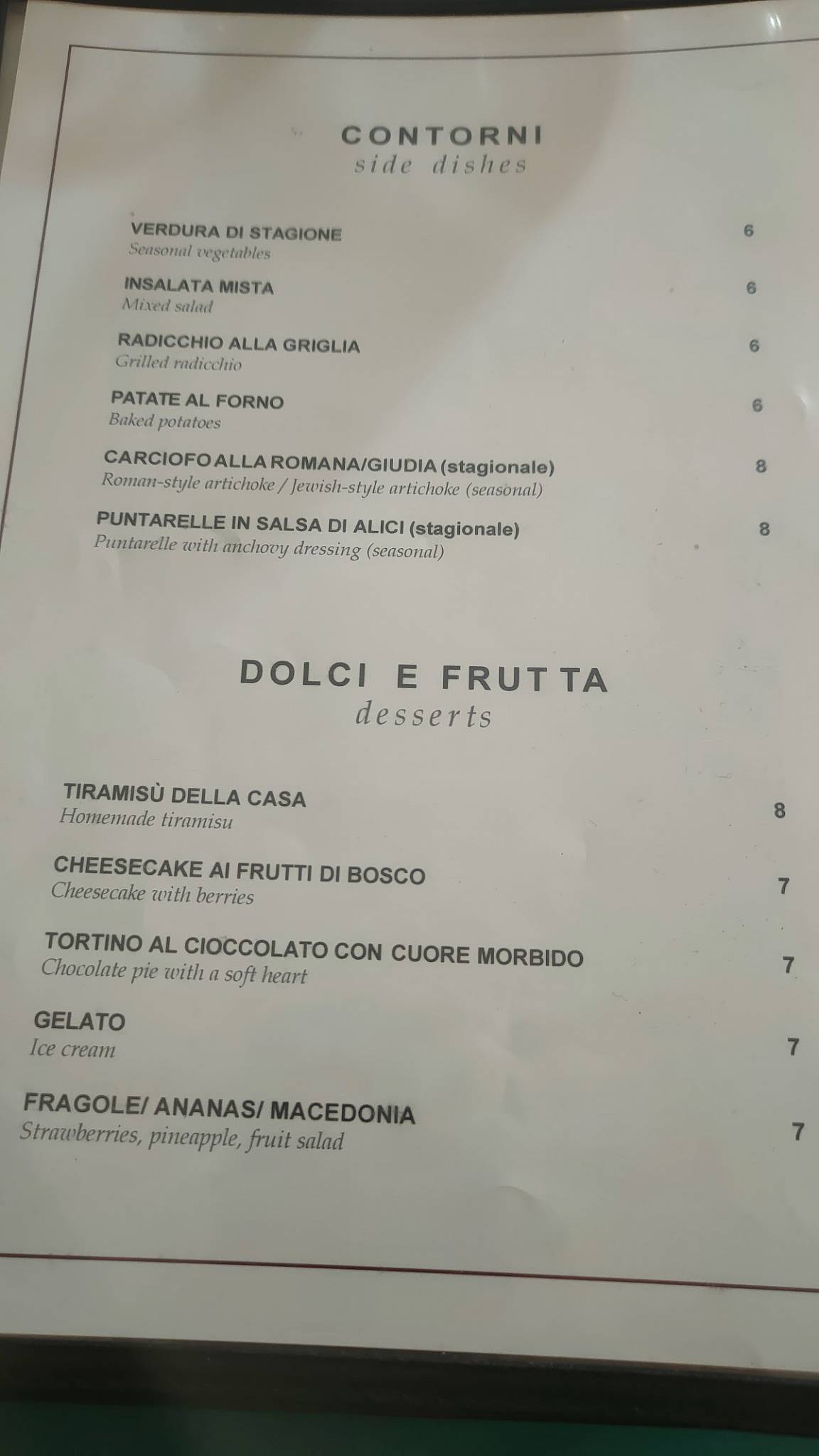Menu di Antica Bohéme 