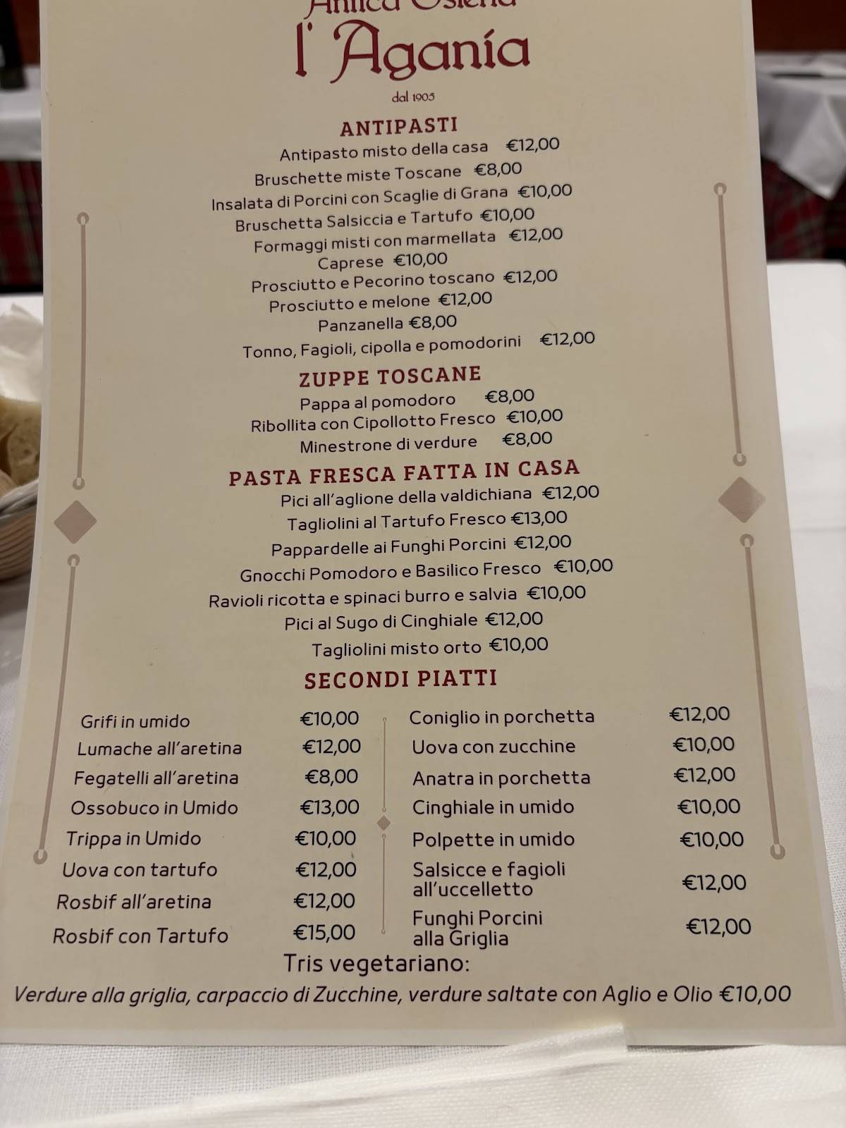 Menu di Antica Osteria l'Agania 