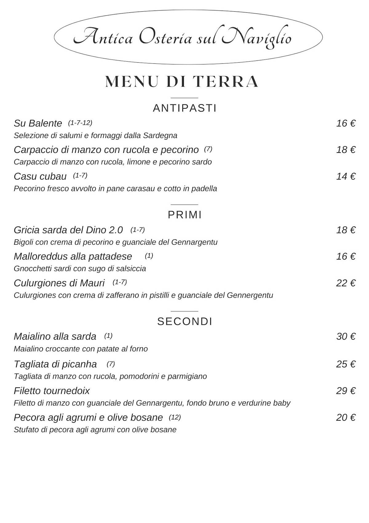 Menu di Antica Osteria sul Naviglio 