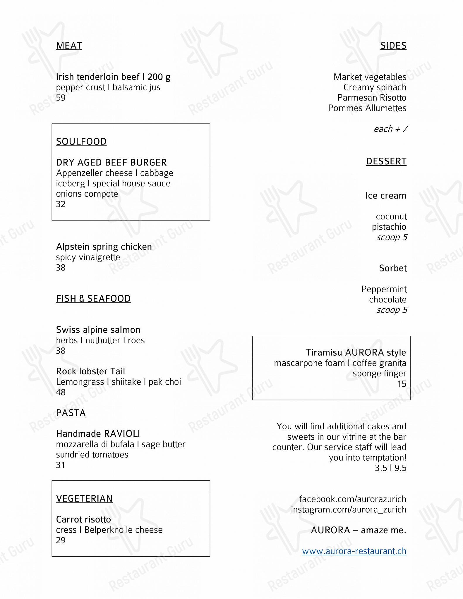 Aurora in Zurigo - Bar menu