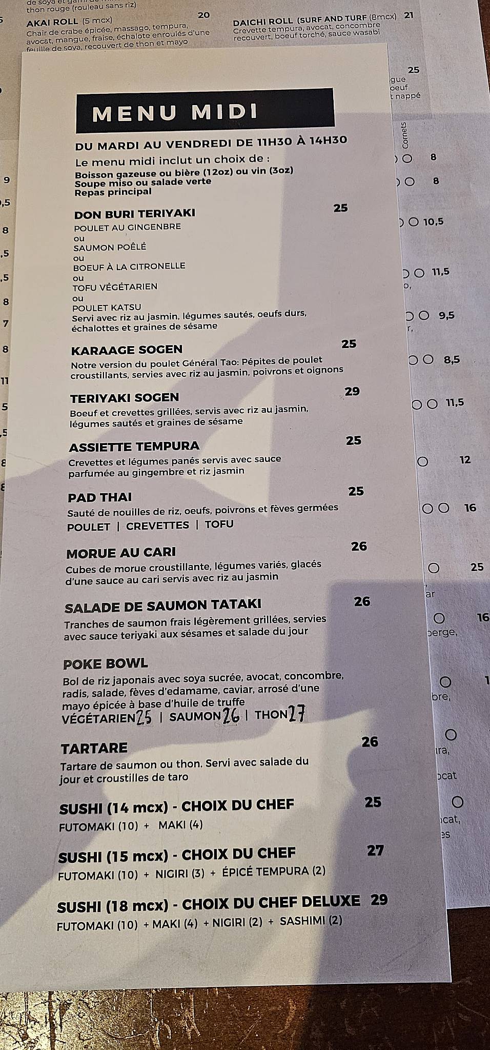 Menu de Restaurant Bar Sushi sogen