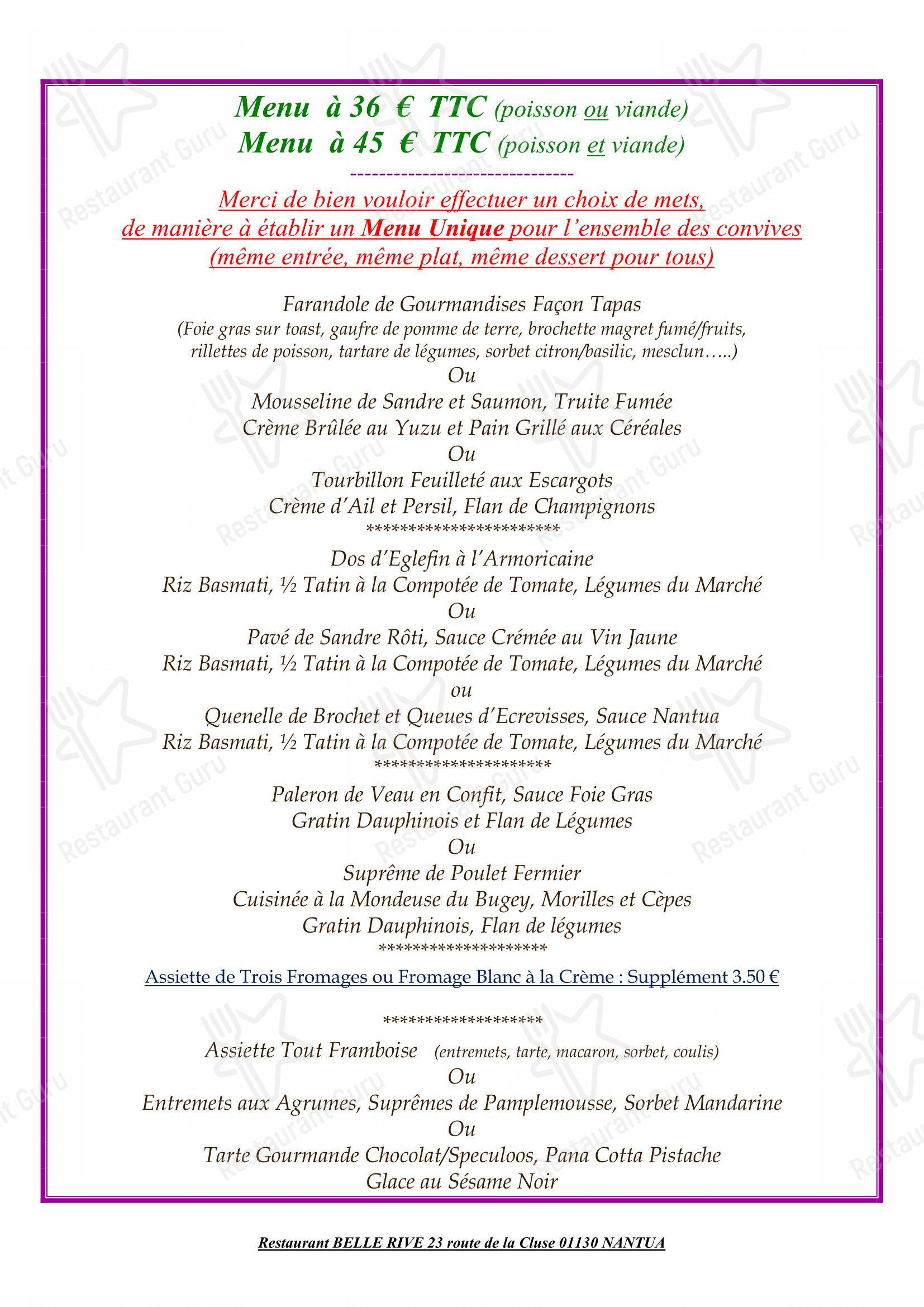 Menu pour Restaurant BELLE RIVE dans Nantua