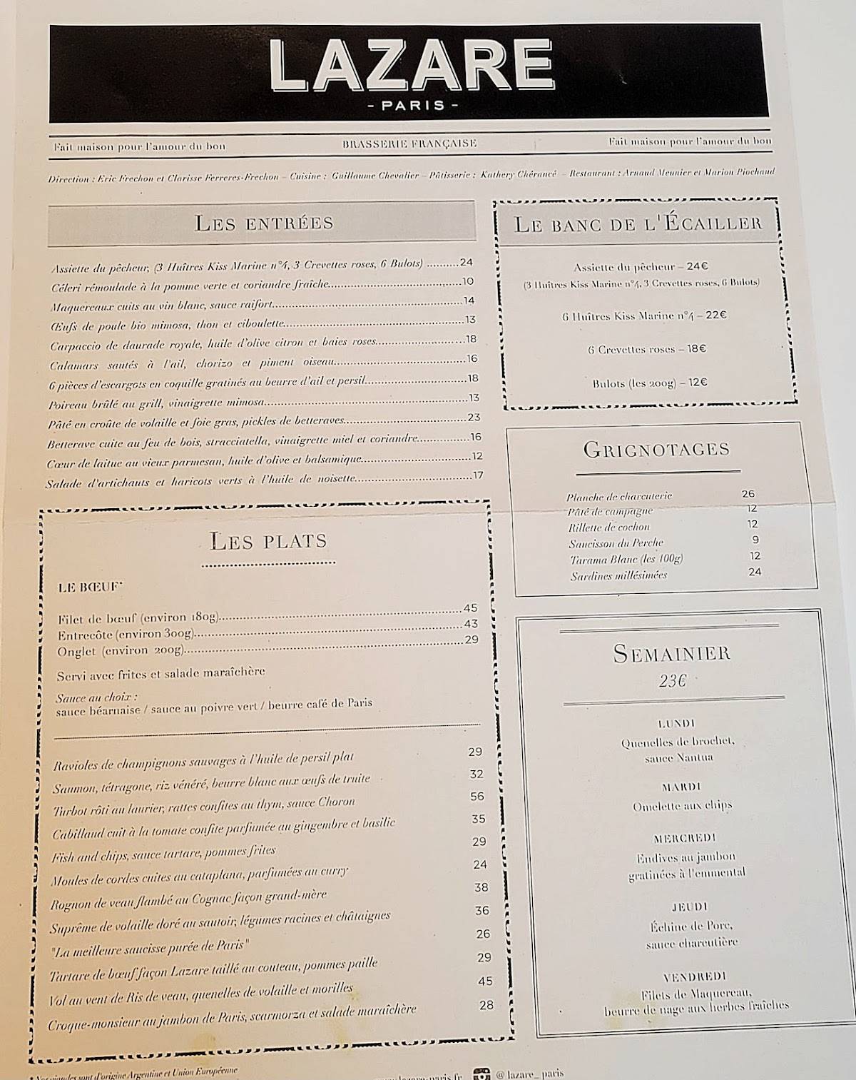 Menu de Brasserie Lazare Paris