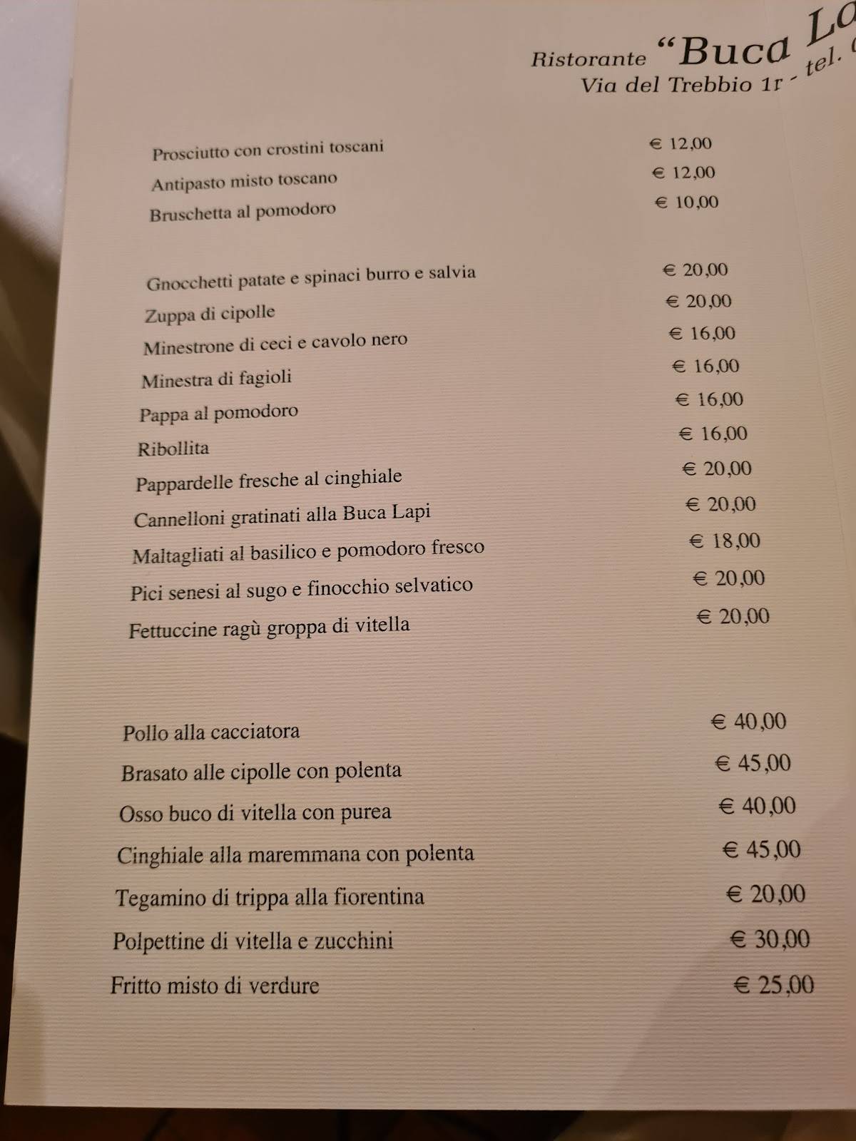 Menu di Ristorante Buca Lapi 