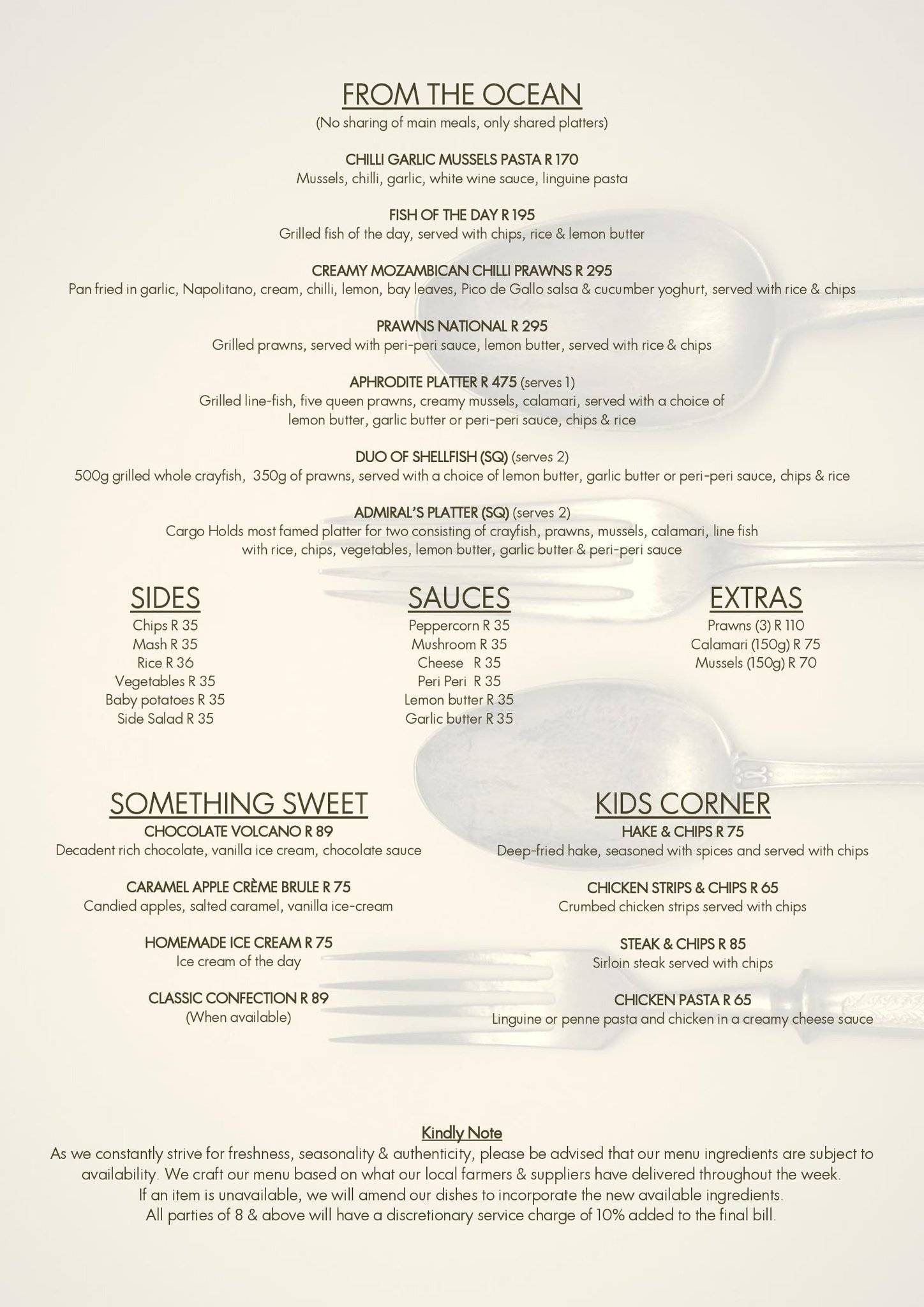 Menu at Cargo Hold Restaurant, Durban