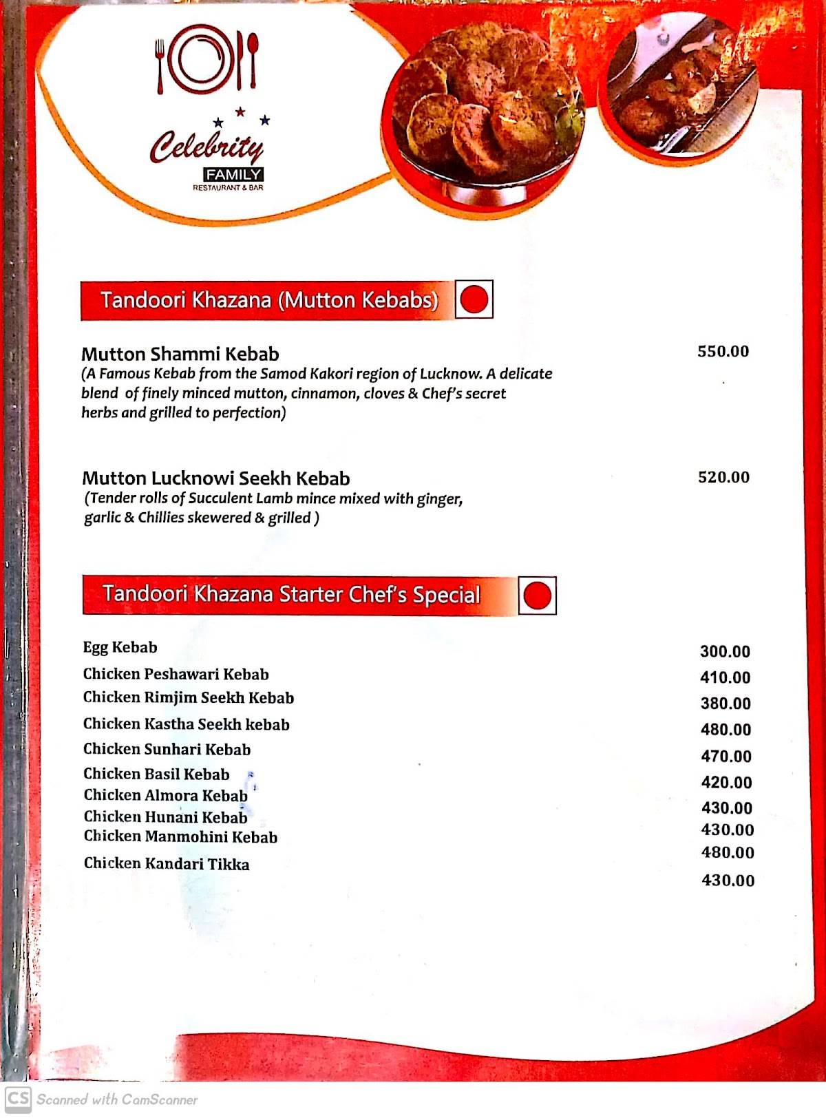 Hotel Celebrity menu