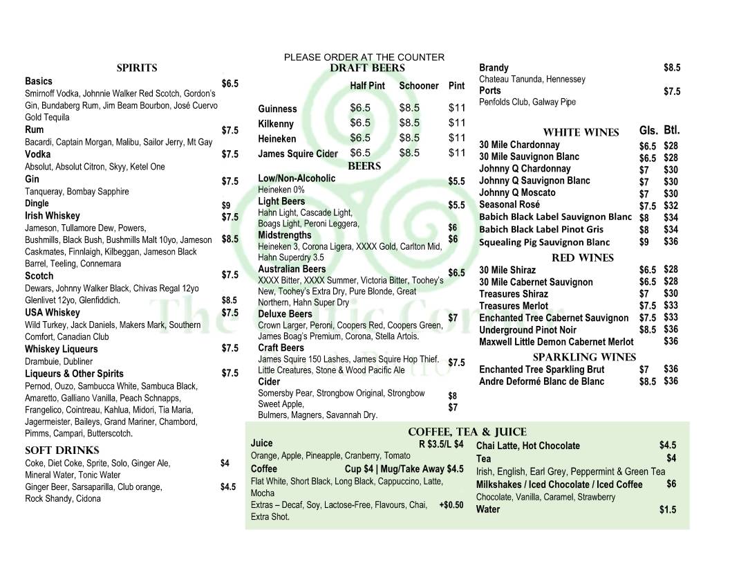 Menu at Celtic Corner Bar & Bistro, Manly